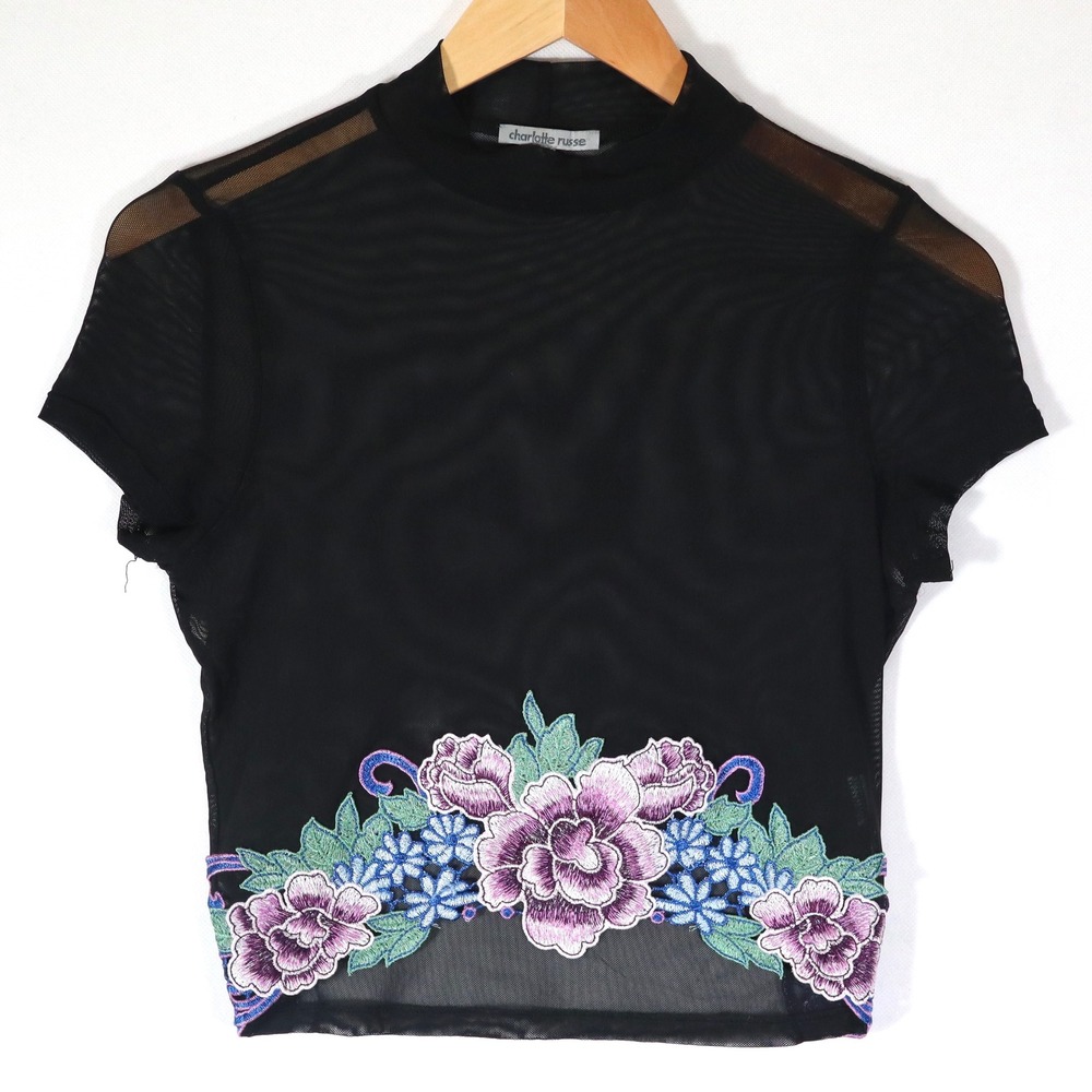 Charlotte Russe Crop Top Womens Medium Black Mesh Floral Embroidered Mock Neck
